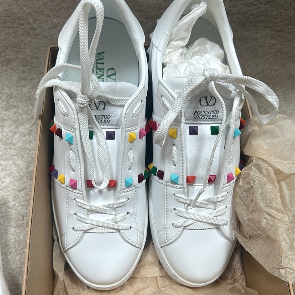 Valentino Multicolor Rockstud White Sneakers 40.5 NWB Open For A Change